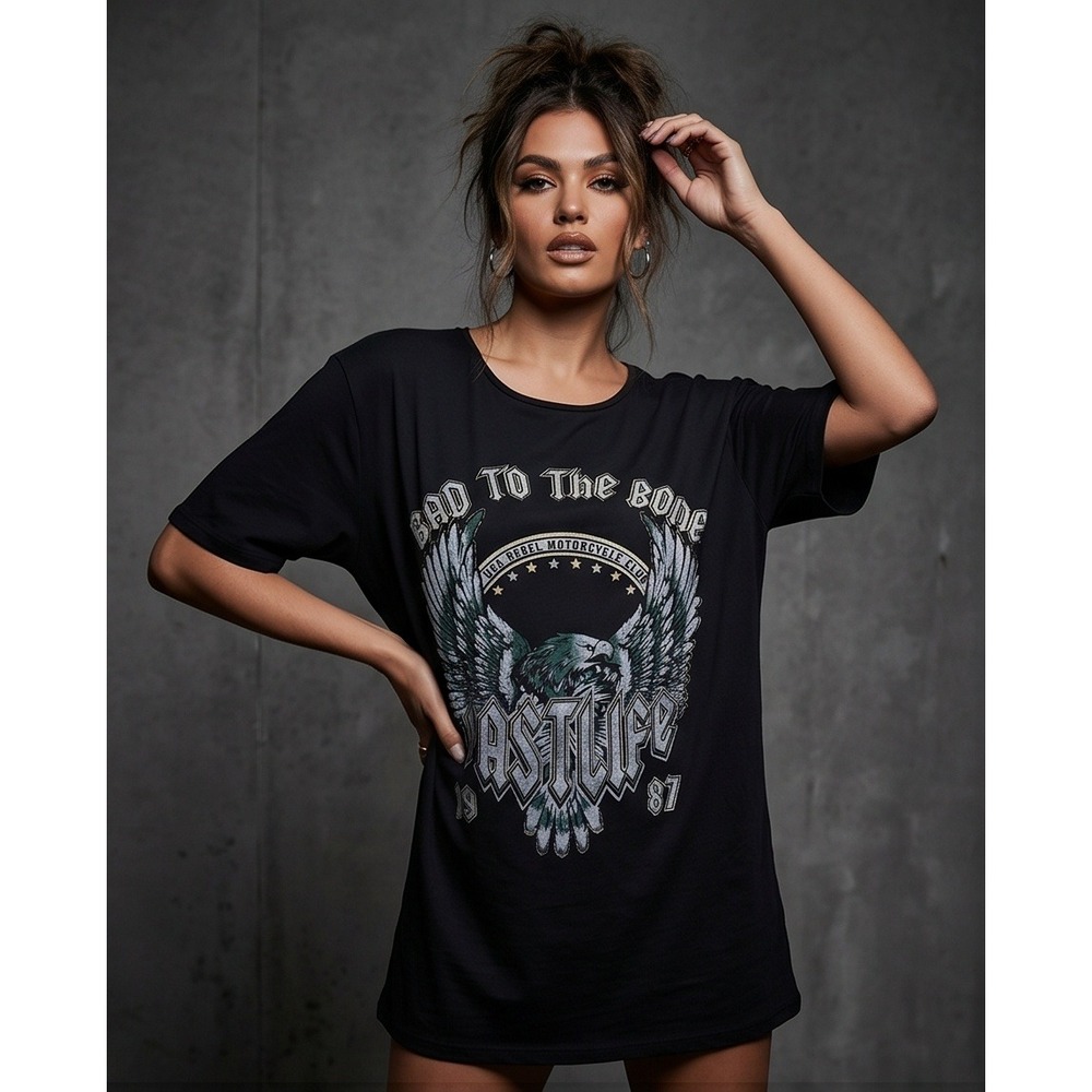 Missguided 8 Bad To The Bone Graphic T-Shirt Black Eagle Motorcycle Club